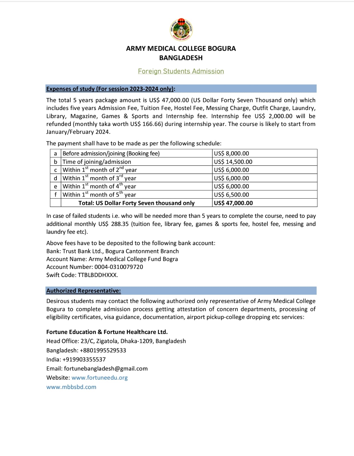 Fees structure of Army Medical College Bogura