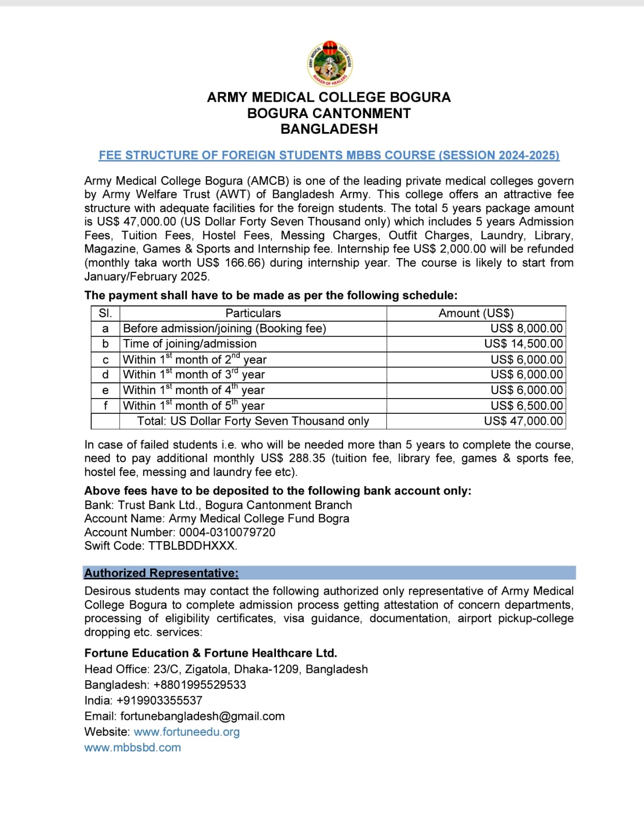 Fees Structure of AMCB 2025