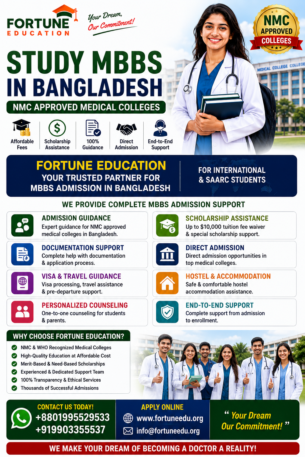 Fortune Education provides admission guidance, scholarship assistance, documentation support, and direct admission opportunities